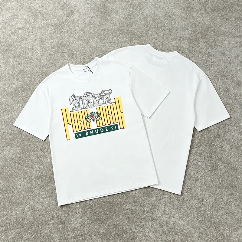 Hot New RHUDE Men Tee Racing Trophy Letter Badge Print Loose Short Sleeve Top Fast Delivery