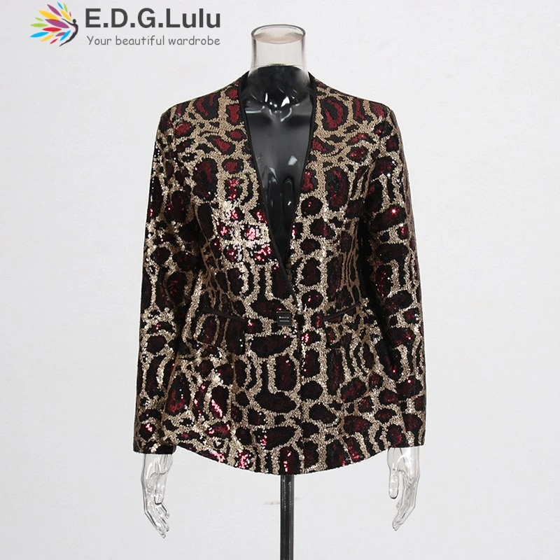 EDGLuLu 2025 Jaket Setelan Gambar Macan Tutul Payet Glitter Desain Baru Musim Semi untuk Wanita Mantel Blazer Lengan Panjang Kerah V 0222