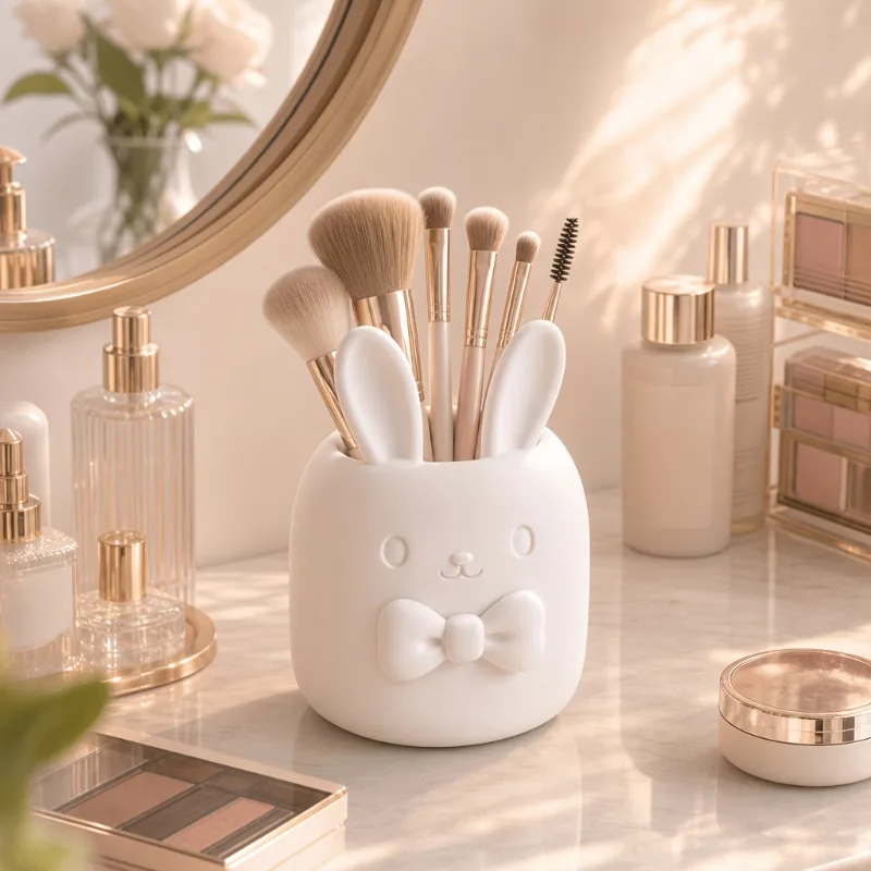 Multi‑Functional Rabbit Bow Tie Desktop Organizer Practical Storage Box for Pens Makeup Brushes Home Table Decoration