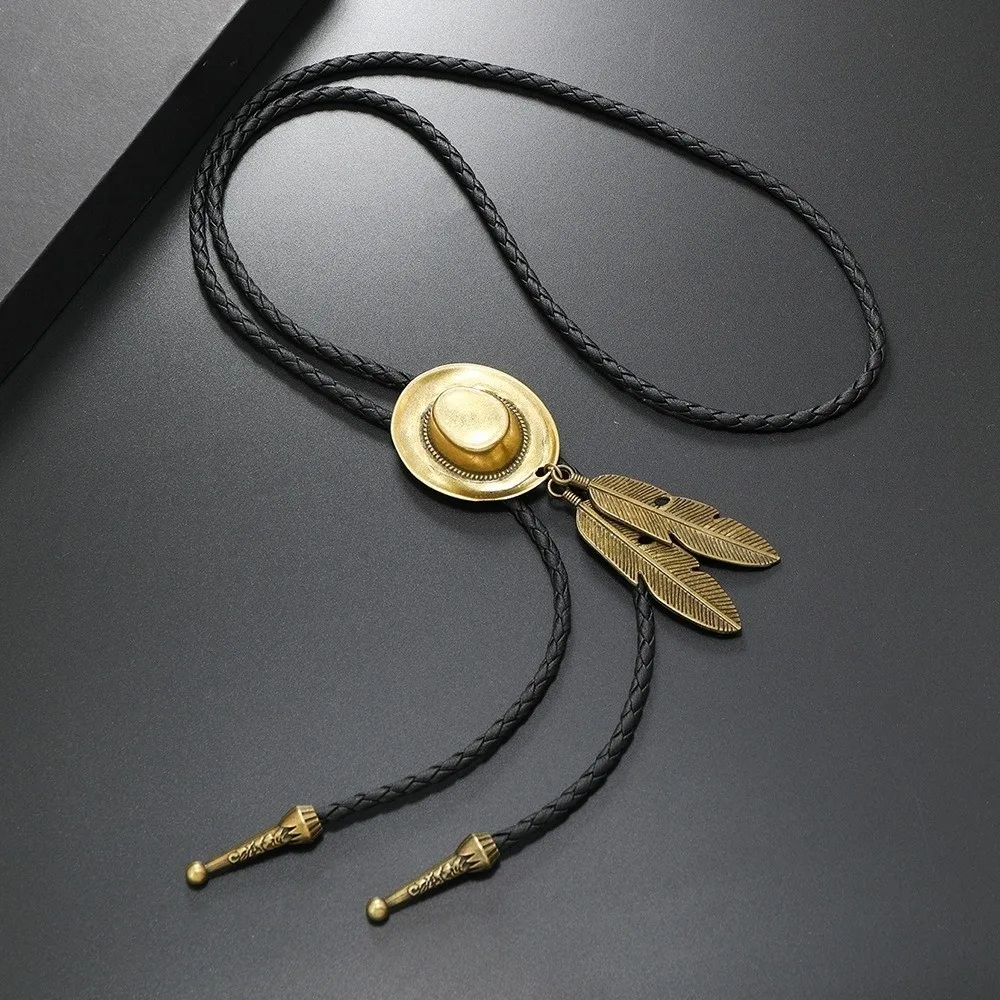 Vintage Western Cowboy Hat Necklace Leather Rope Unisex Long Pendant Chain Alloy Adjustable Metal Feather Necktie Western Style