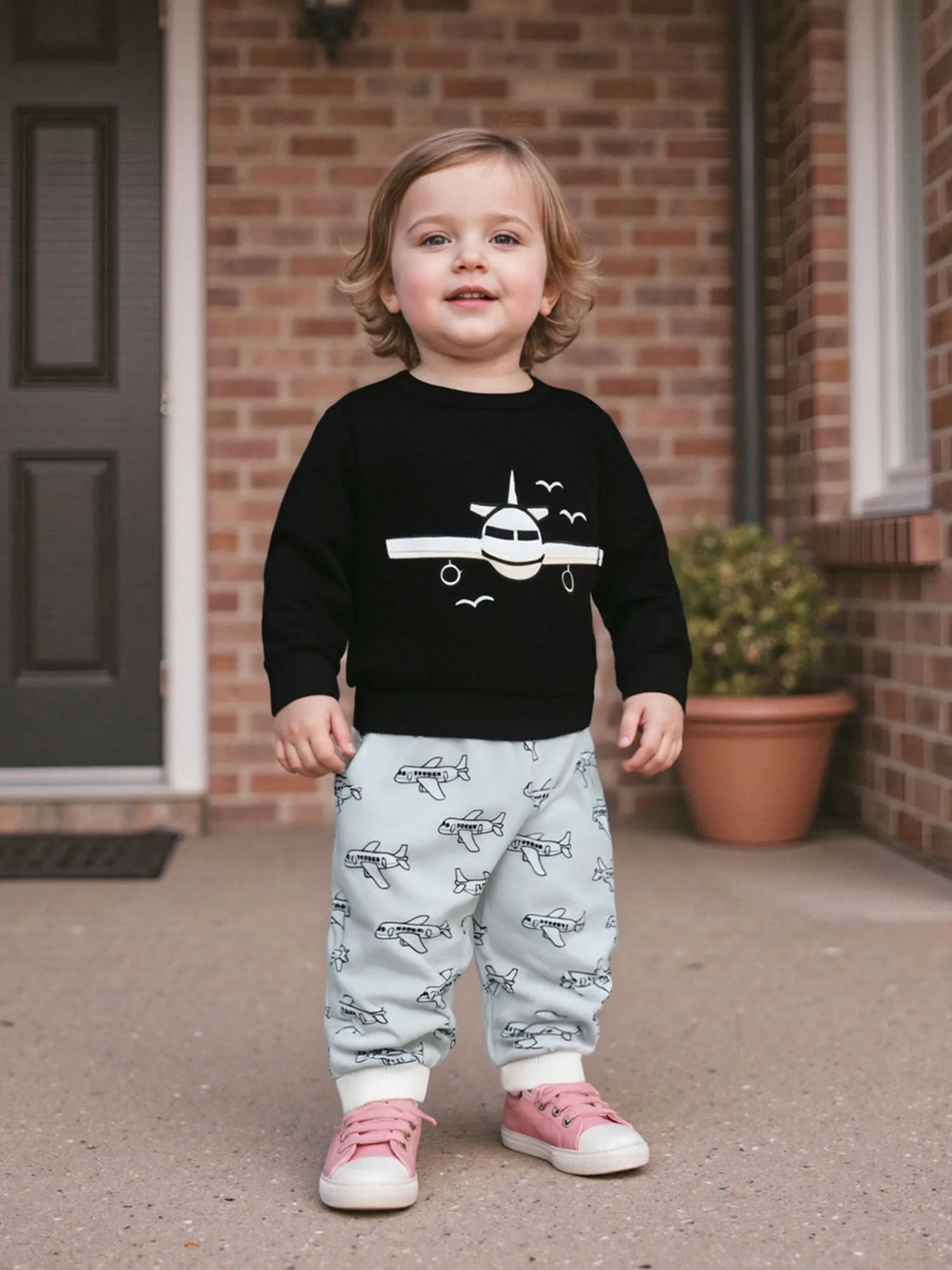 طفل رضيع ملابس الخريف طائرة التطريز سترة مطبوعة مرونة الخصر السراويل 2 قطعة الزي مجموعة للأطفال الصغار #3