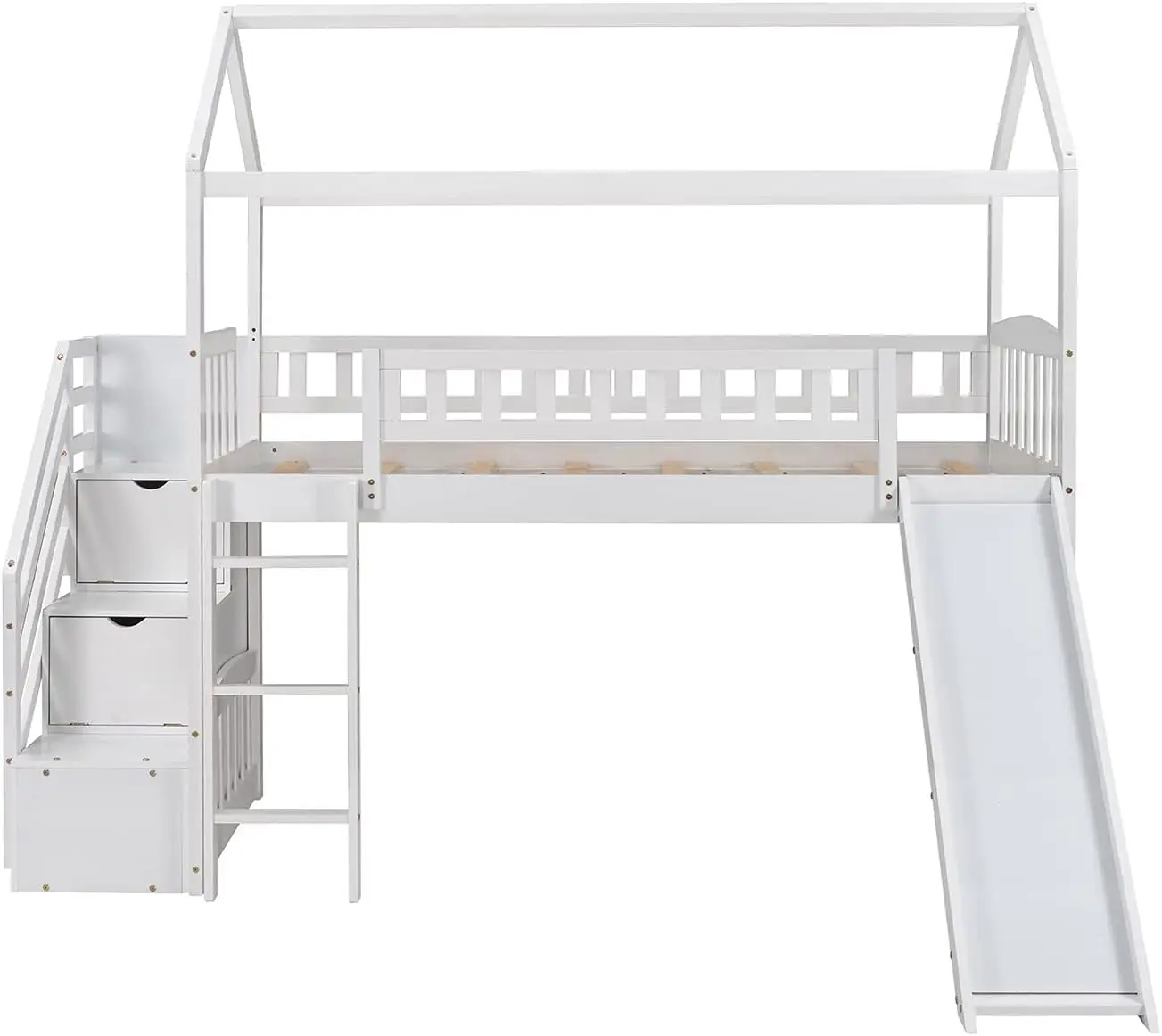 Merax House Loft Bunk Bed Frames with Storage and Slide No Box Spring Needed for Kids, Teens, Girls or Boys