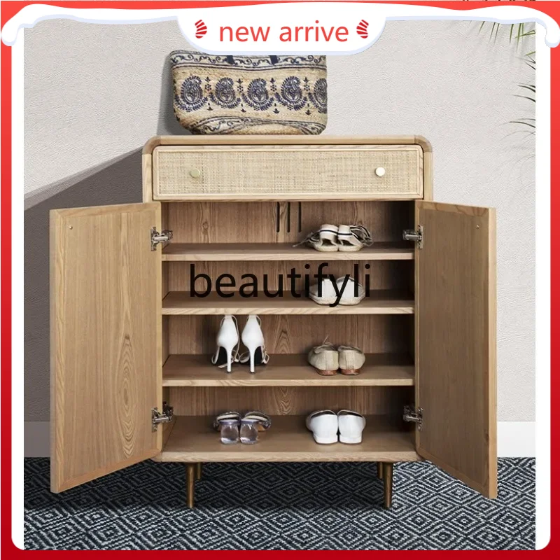 

D2520 American Rattan Shoe Cabinet Living Room Entrance Hall Cabinet Nordic Simple Modern Japanese Style Solid Wood Shoe Cabinet