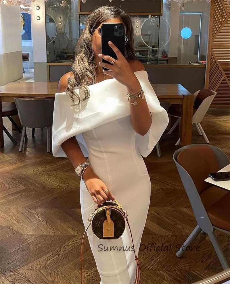 SUMNUS Sexy White Mermaid Evening Dresses Boat Neck Cocktail Party Dress Elegant Solid Off The Shoulder Arabic Gowns Customized