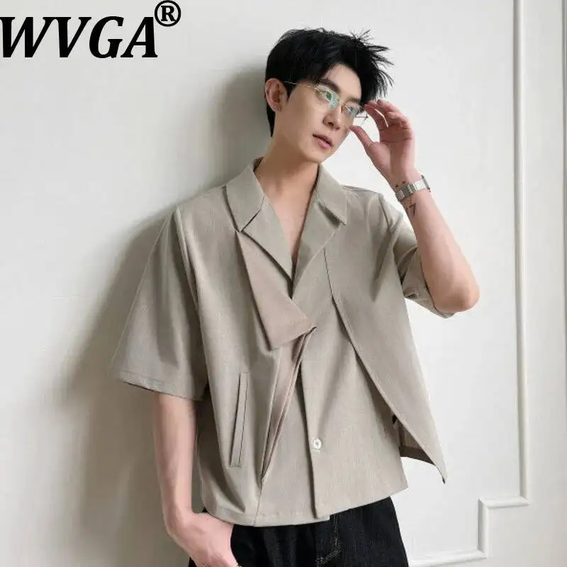 WVGA 2026 Spring Summer New Men Deconstructed Collar Multi-Shape Short Sleeved Shirt Stylish Patchwork Fake Two-Piece Top W25381