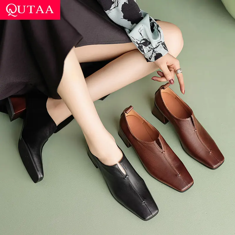 

QUTAA 2026 News Fashion Women Pumps Shoes Slip-on Cow Leather Spring High Heels Sexy Casual Square Toe Shoes Party 34-40