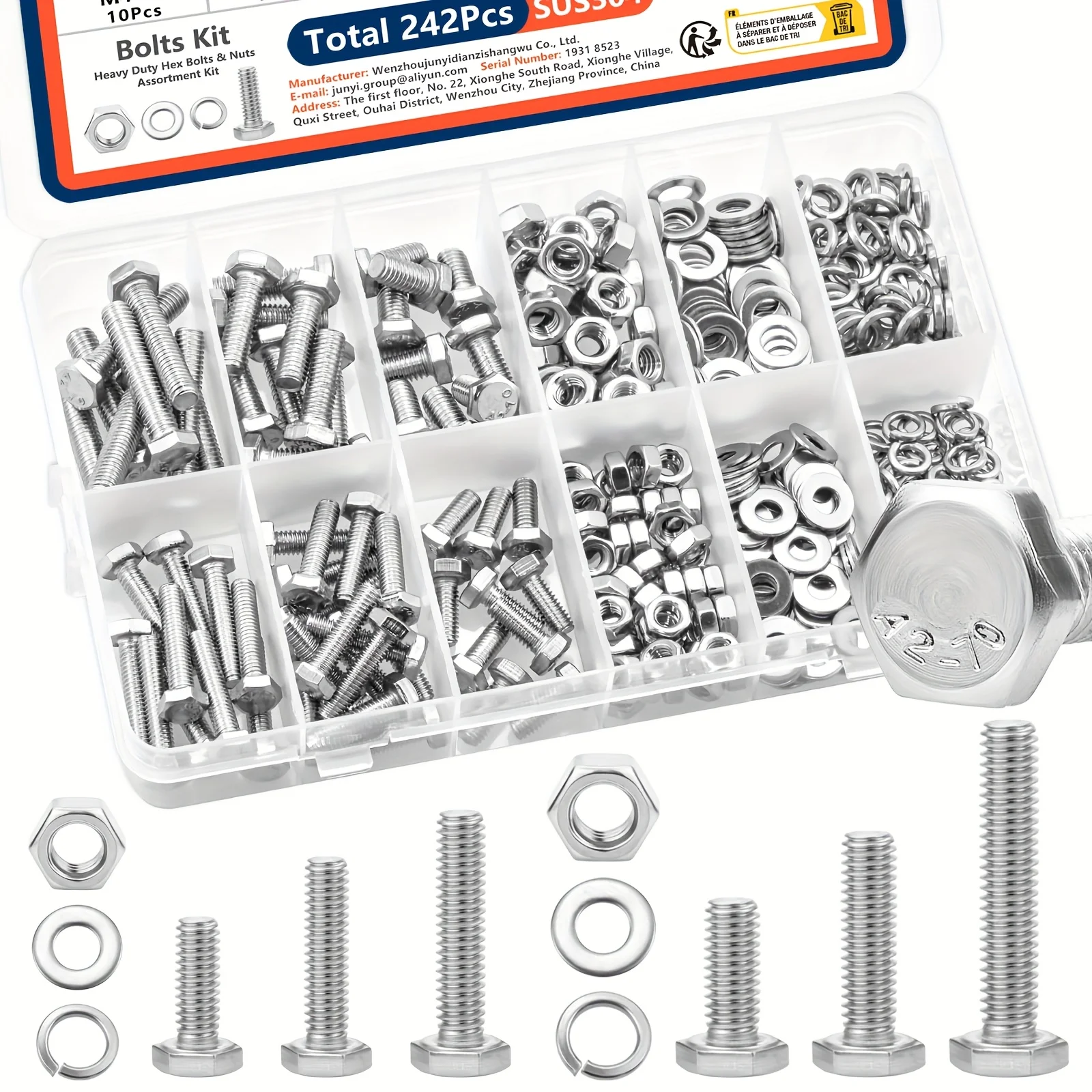 240pcs Stainless Steel Hex Head Nuts and Bolts Assortment Kit M4 M5 Sizes with Flat & Spring Lock Washers in Storage Case