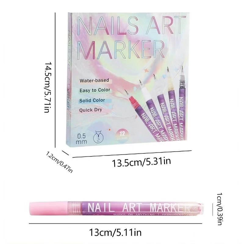 12 Colors Nail Art Pens Set Compatible Professional Nail Polish for Drawing, Line, Nail Designs - Ideal for Nail Artists & Hobby