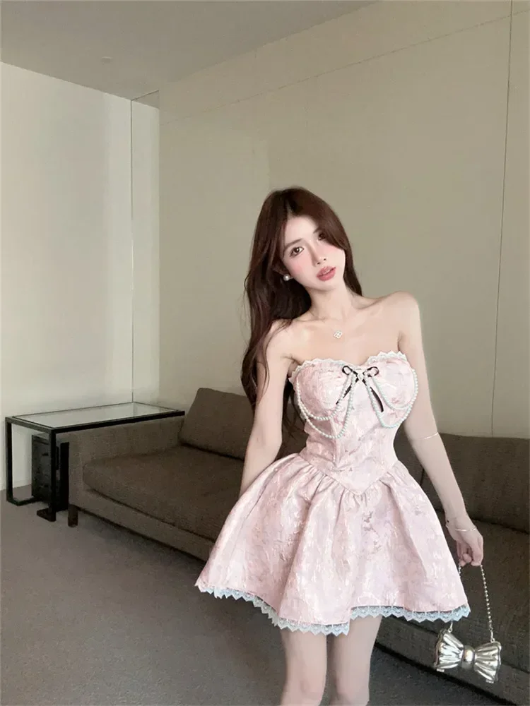 French Princess Lace Hem Birthday Party Mini Dress Pink Blue Women Strapless Bow Fluffy Short Skirt Pearl Chain Fashion Dress