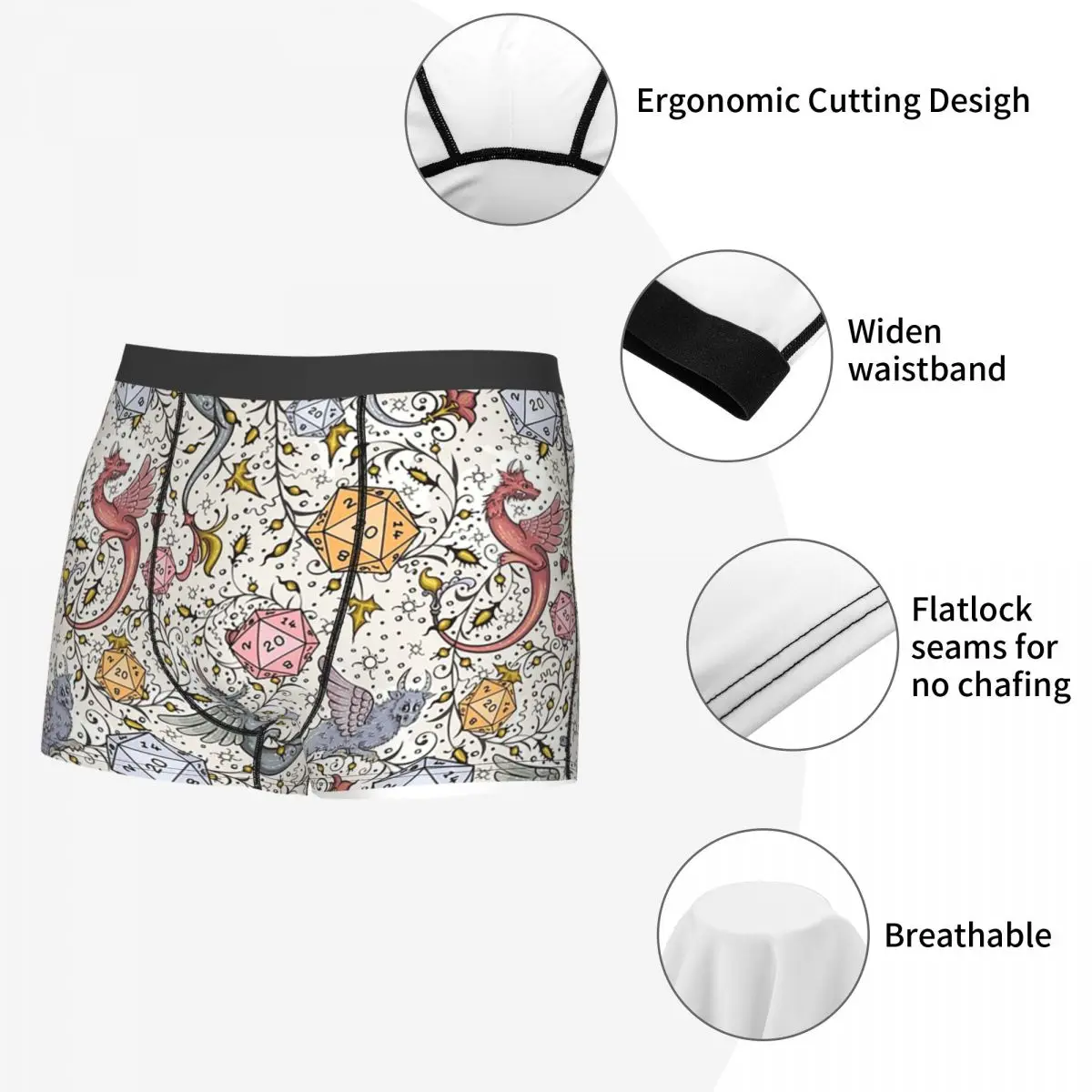 Cuecas boxer shorts dragão medieval e dados d20 dnd padrão calcinha masculina respirável roupa interior para homme homem namorado presentes
