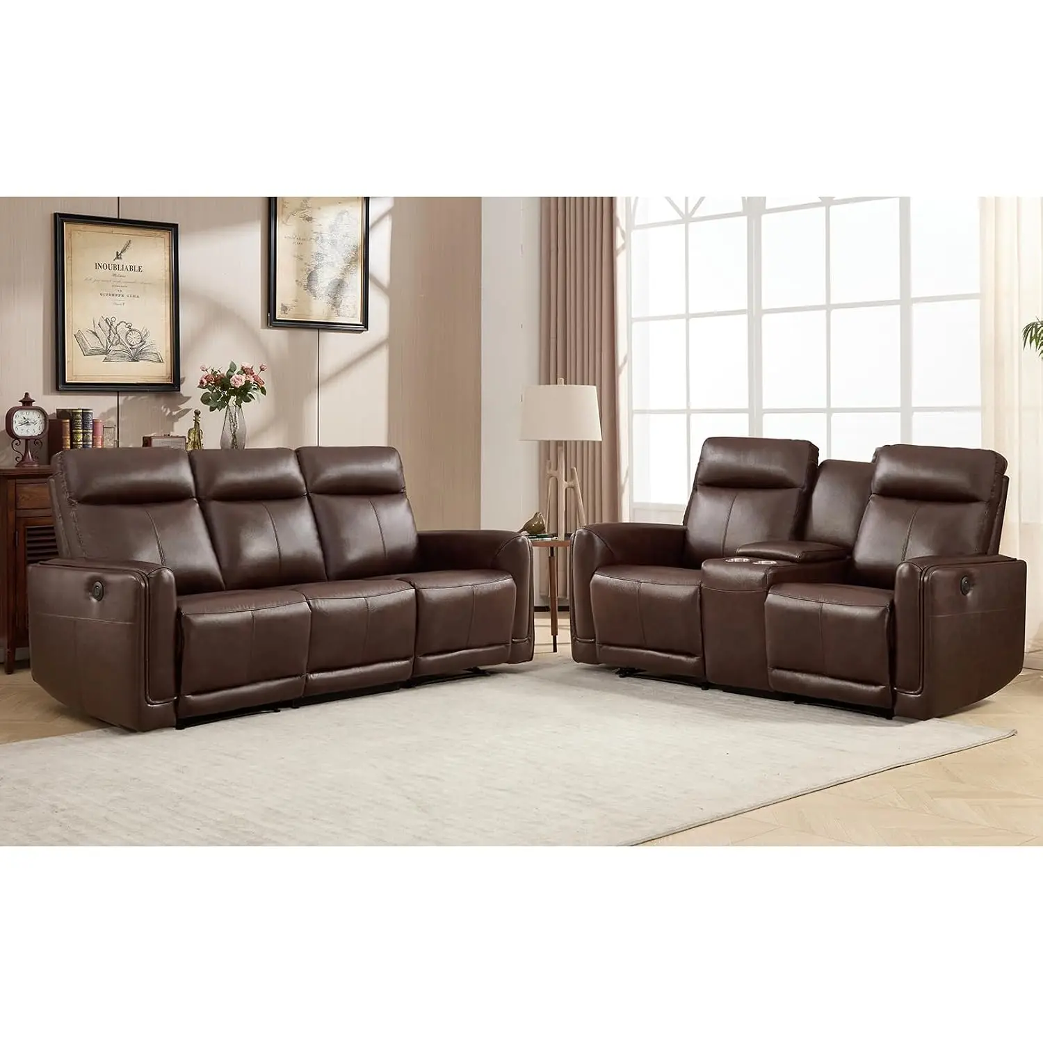 Genuine Leather Power Reclining Sofa Set Console Storage Cup Holders USB Type C Ports Living Room Dark Brown, Customized