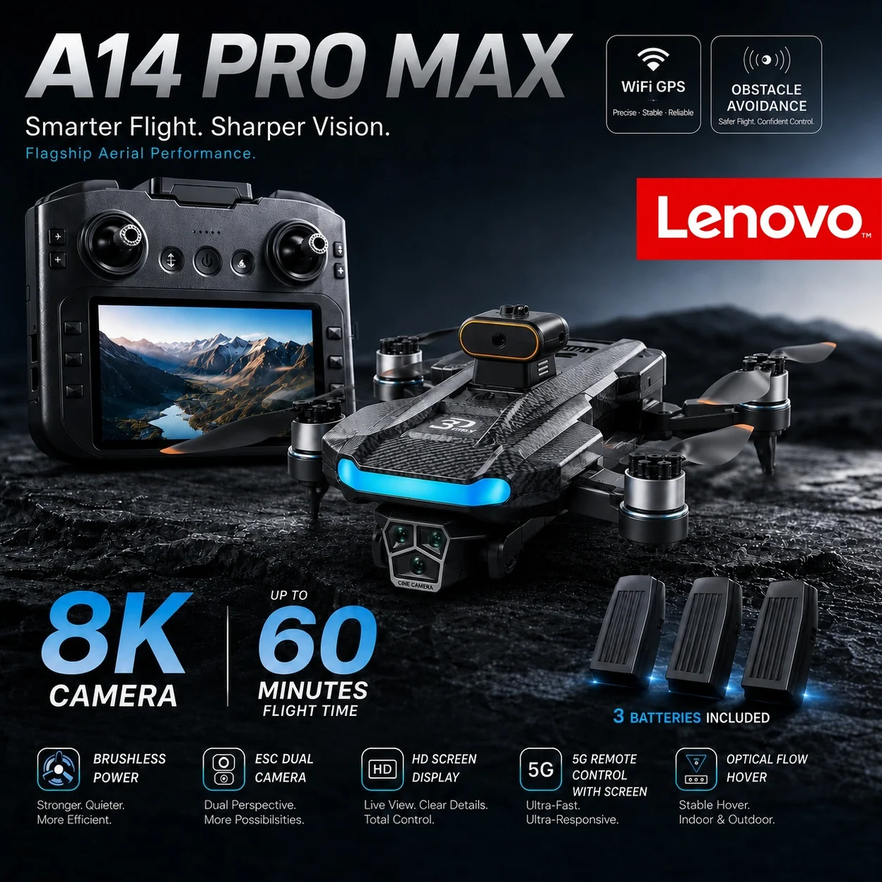 Drone GPS Lenovo A14Pro Max avec triple caméra 8K, flux optique, évitement d'obstacles, moteur sans balais, pliable, longue portée, quadricoptère, cadeau