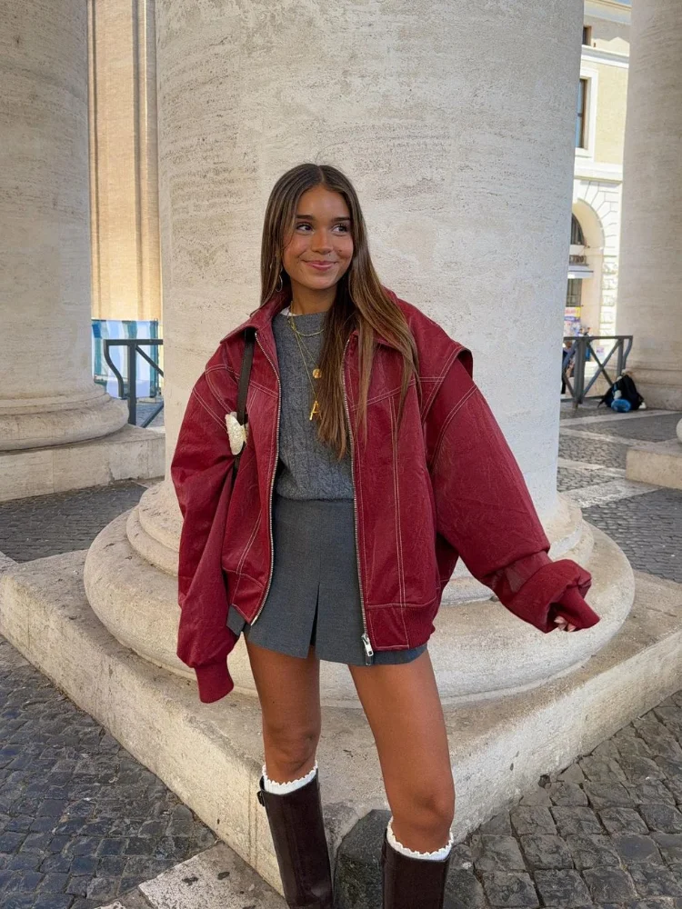 Cappotto moda autunno retrò da donna giacca in pelle fresca con cerniera bordeaux linee Casual cappotto corto con risvolto a maniche lunghe Street