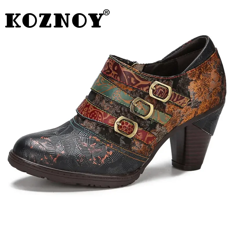 

Koznoy 8cm Ethnic Chunky Embossed Print Genuine Leather Autumn Spring Woman Moccasins Summer ZIP Big Size Metal Decoration Shoes