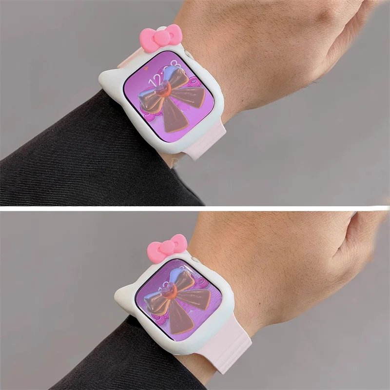 Y2k Cartoon Cute Bow Cat Ears Case + Magnetic Strap For Watch Case 44mm 42mm 38 40 Correa Bumper For Apple Watch Ultra 7 Cover