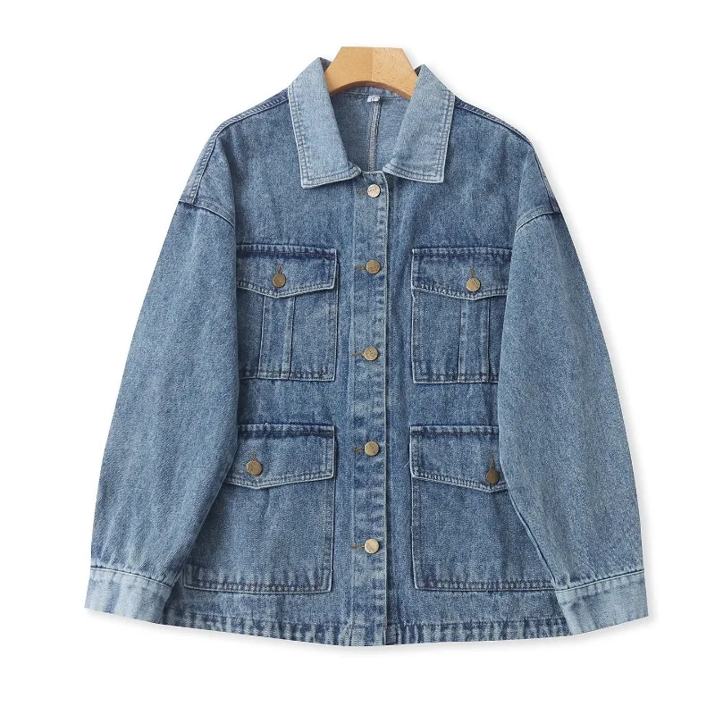 Women Denim Jacket Lapel Collar Single Breasted Multi Pockets Loose Casual Outerwear Chic Streetwear Daily Commute Fashion Coat