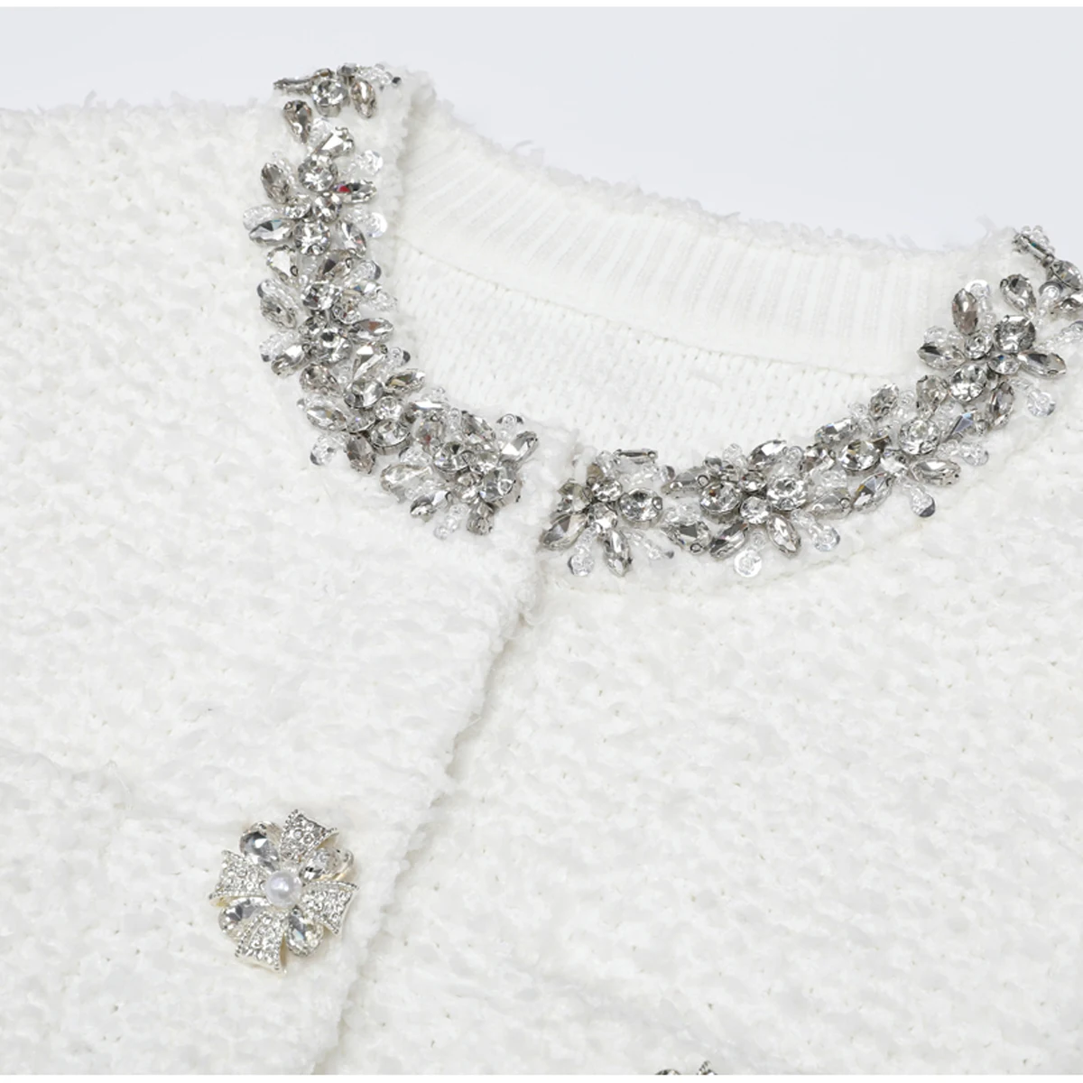 

2616 High-Quality Spring Autumn New Women's Simple Commute Style Studded Diamond Knitted Long Sleeve Round Neck Cardigan Jacket