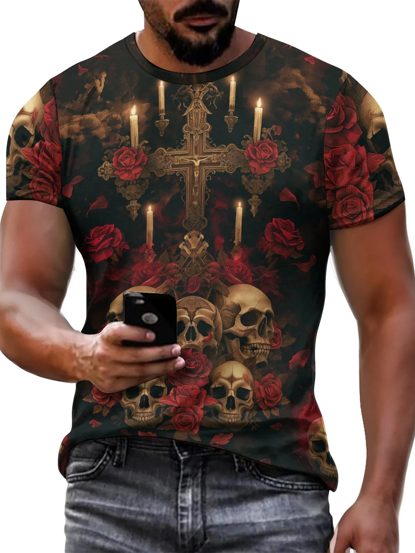 2024 New Men's 3D Graffiti Cemetery Pattern T-shirt, Casual Cool Micro Elastic Breathable T-shirt, Summer Outdoor Men's Wear