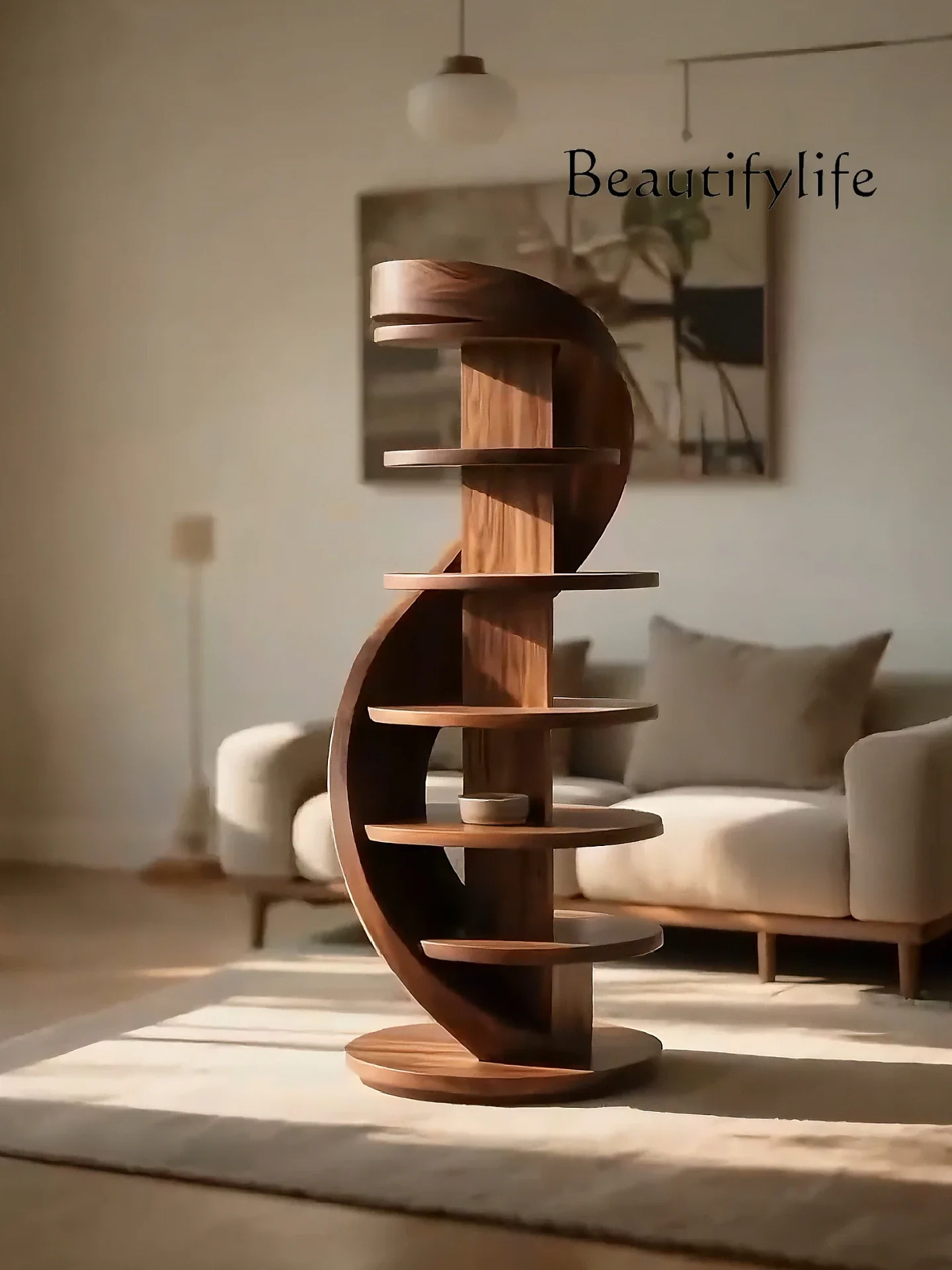 XR North American Black Walnut Spiral Bookshelf Modern Light Luxury Solid Wood Floor Shelf Living Room Design Sense