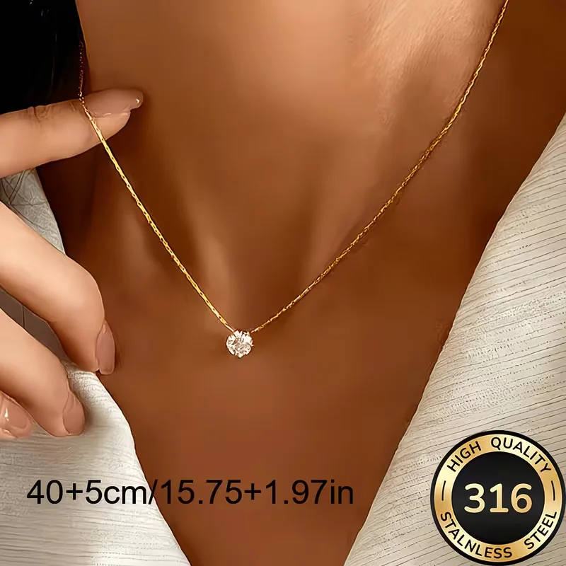 Edelstahl Vergoldete Zarte Minimalistische Zirkon-Halskette mit Anlaufschutz und Rundem Klarem CZ-Stein für Damen Accessoire – Detail 4