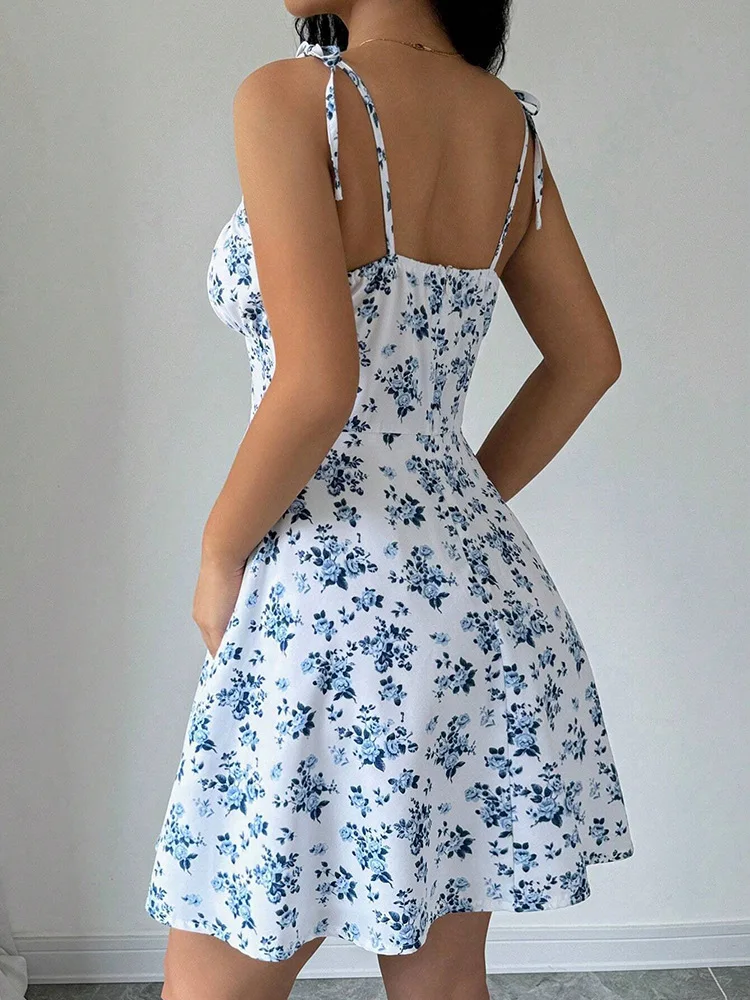 2025 Sommer Neues Europäisches und Amerikanisches Blumen-Trägerkleid für Damen, Kurzer Stil, Schlank und Sexy A-Linien-Rock – Detail 3