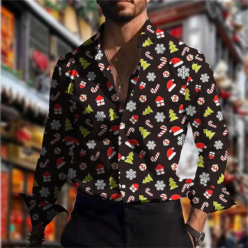 

2025 New Men's Shirt Christmas Gift Pattern 3D Print Long Sleeve Christmas Streetwear Long Sleeve Button-Down Collar Garment