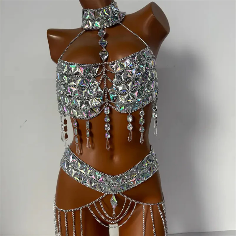 Damen 2-Teiliges Set Strass-Outfits Kristall-Neckholder-Top+Minirock Sexy Quasten-Körperkette Schmuck Nachtclub Bühne Festival – Detail 6