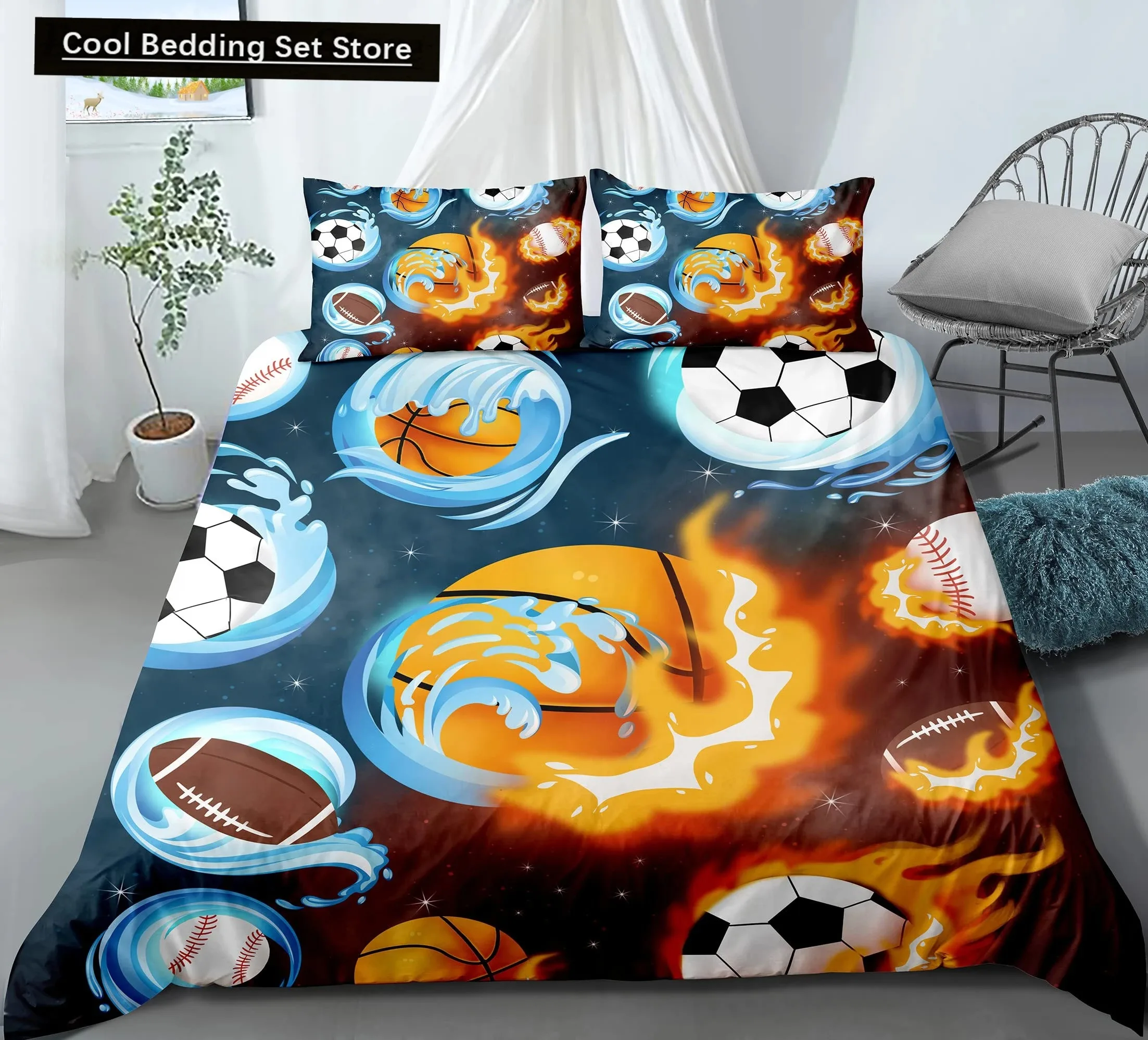 

3D Football King Queen Duvet Cover Soccer Bedding Set for Kids Teens Boys Ball Sports White Red 23pcs Polyester Quilt Cover