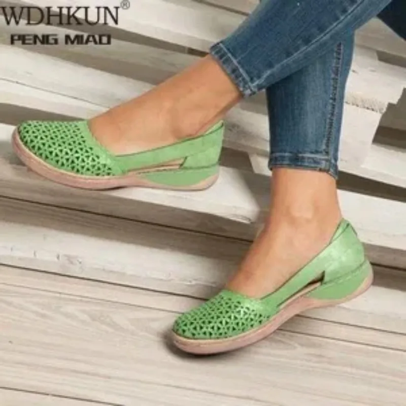 Letnie damskie kliny ortopedyczne sandały buty biurowe kobieta drążą zabytkowe buty Slip on Casual szycia panie Bunion sandał