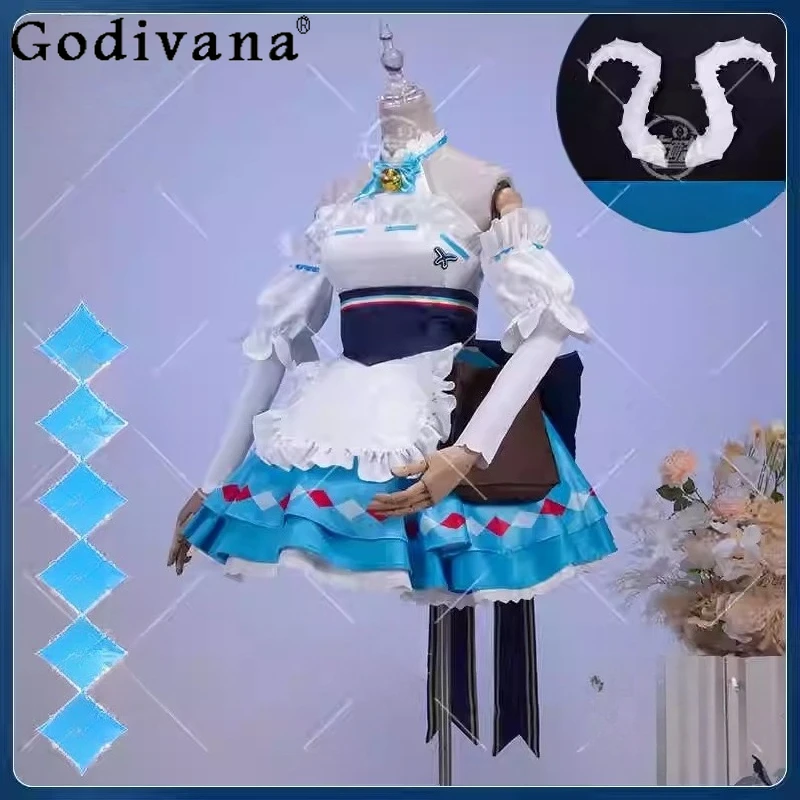 Abito adorabile cosplay per costume da donna, costume da festa di Halloween, set completo da gioco per festival con design a fiocco bianco blu
