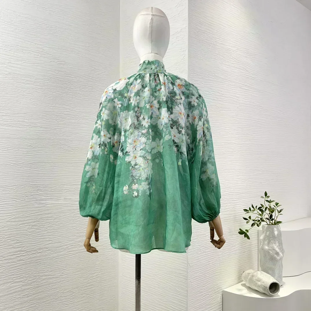 2024 Nieuwe hoogwaardige groen witte bloemenprint blouse met lange mouwen tops rokset voor dames