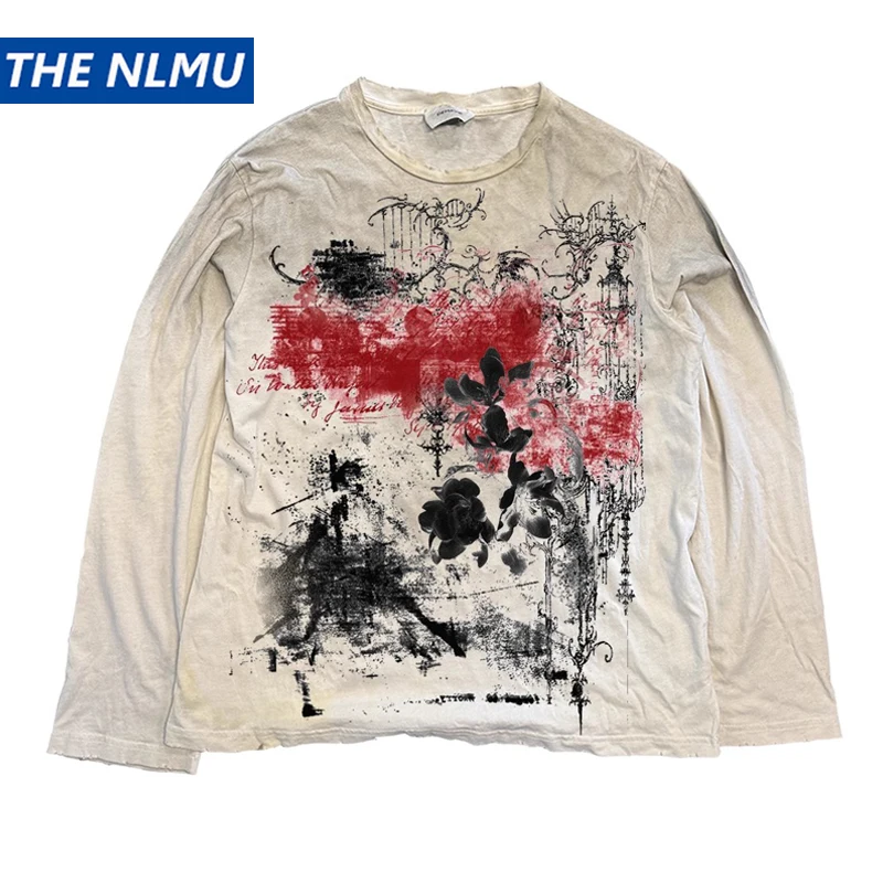 

Vintage Long Sleeve T Shirts Graffiti Graphic Dirty Washed T-shirts Loose Casual Tee Tops Unisex Retro Tshirts Y2K
