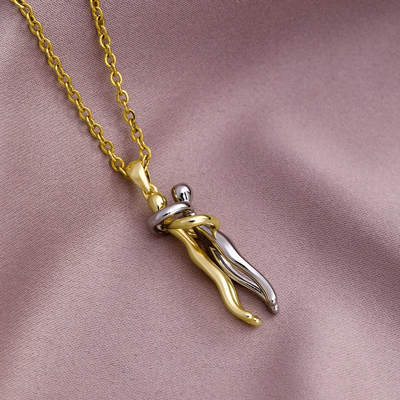 Fashion Stainless Steel Chain Gold Plated Copper Lovers embrace Pendant Necklace Charm Female Party Birthday Anniversar Jewelry