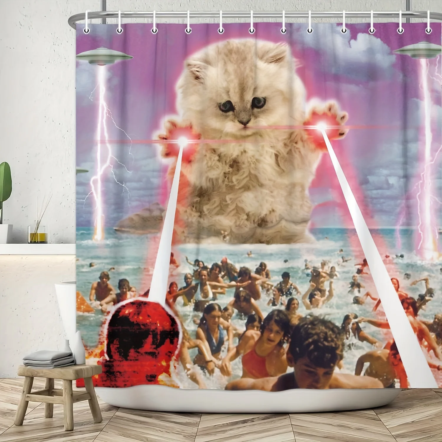 1pcs Funny Cat Shower Curtain, Lovely Animal UFO Beach Alien Pet Catching Humans Pattern Shower Curtain, Waterproof Polyester Fa