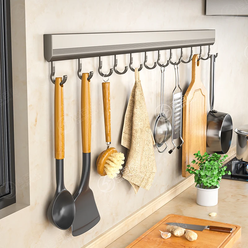 Gun gray no punch kitchen hook rack hanging rod wall mounted multifunctional kitchenware hanger spoon shovel shelf