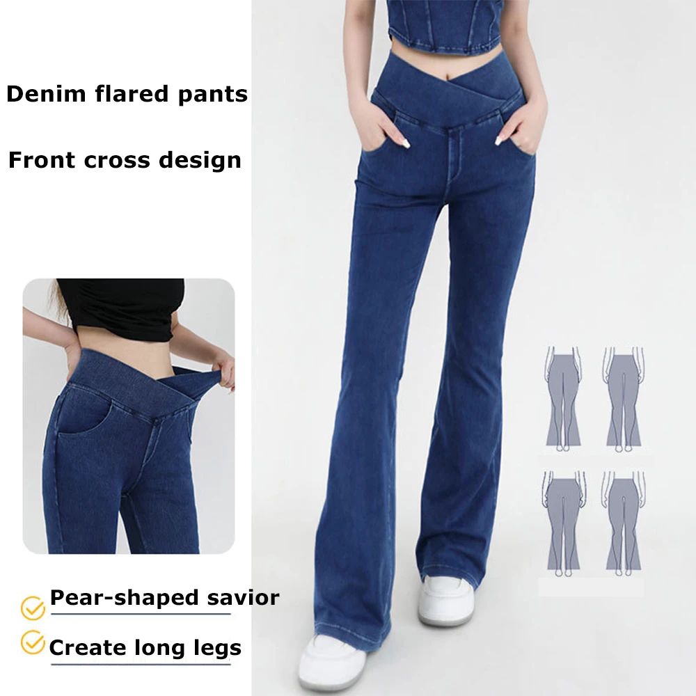 Yoga Jeans for Women Denim Pants Sexy Flared Trousers Lady Pants Hip Lifting and Cross Waist Design Indoor Sports Outdoor Flared