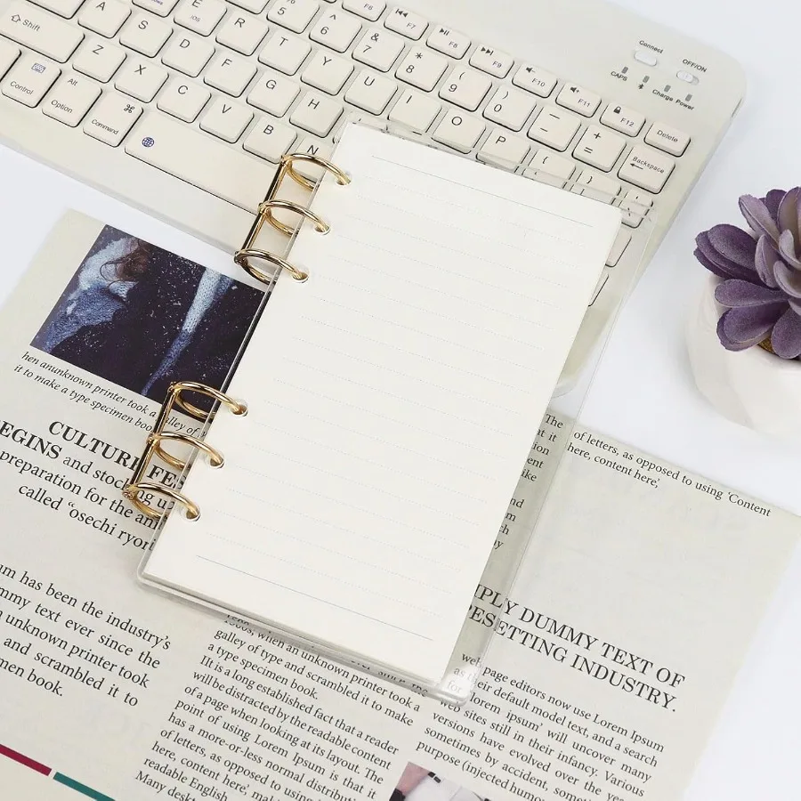 แฟ้ม A6 แบบ 6 ห่วง ปกอะคริลิคใส ห่วงโลหะสีทอง พร้อมกระดาษมีเส้น 45 แผ่น สำหรับวางแผนงบประมาณ