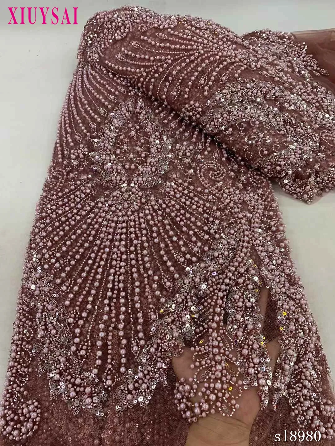 5 Yards African Sequins Lace Fabric 2024 High Quality Lace Embroidery Beaded Mesh Fabric For Women Wedding Party Dress