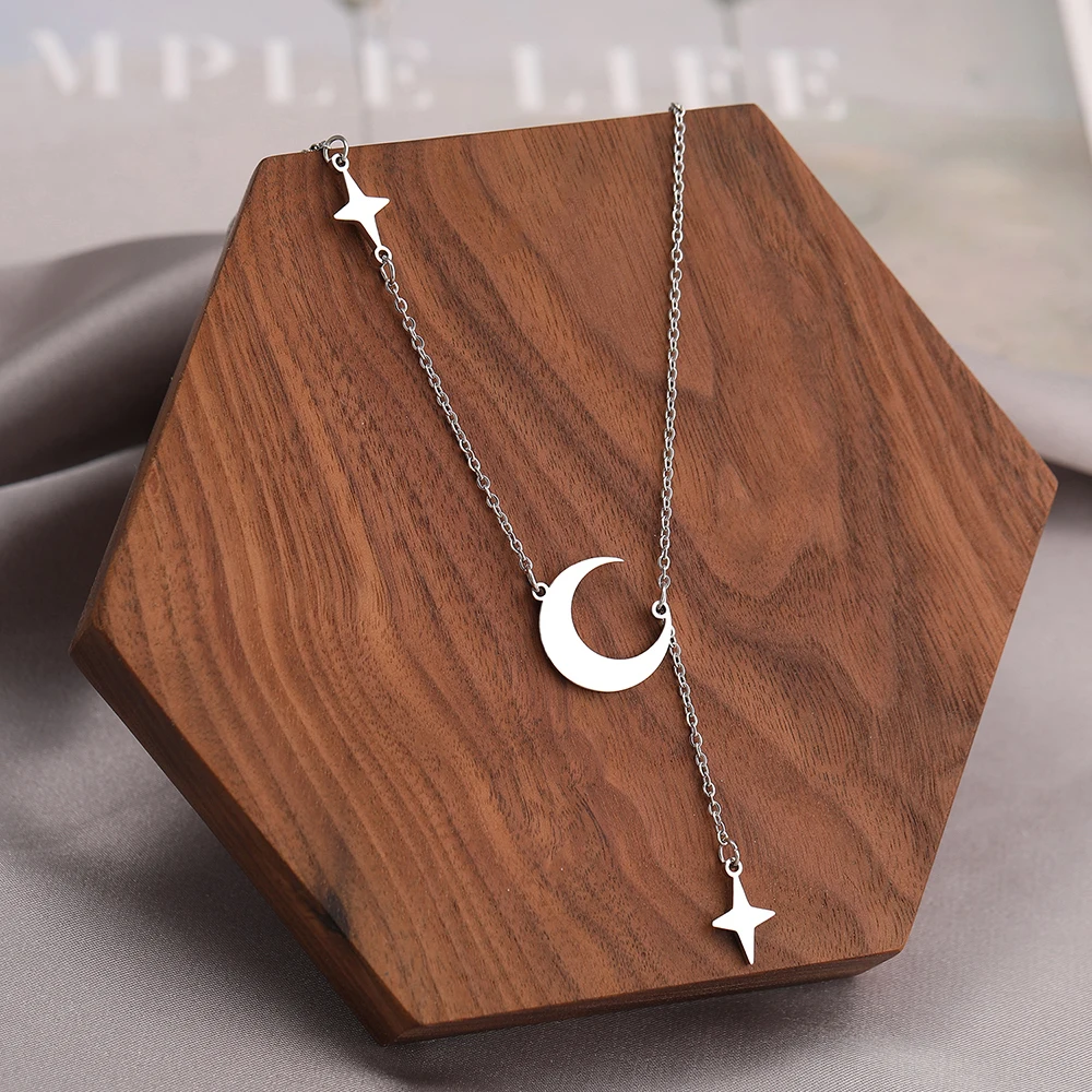 Stainless Steel Necklaces Simple Delicate Moon North Star Pendants Choker Fashion Necklace For Women Jewelry Festival Party Gift