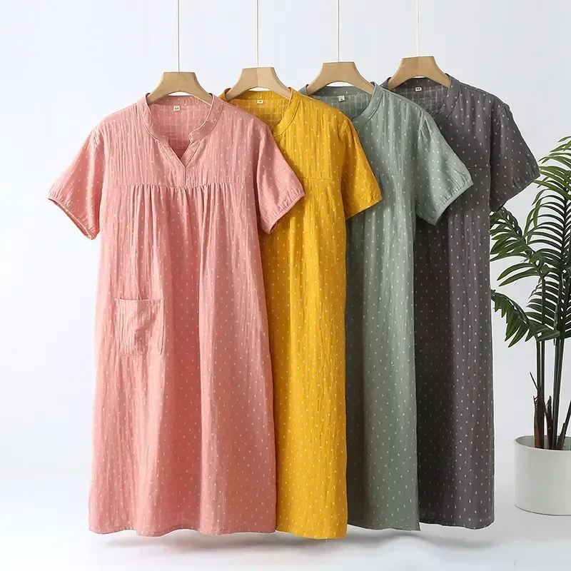 Short-sleeved Cotton Sexy Sleepwear Long Nightdress Simple Summer V-Neck Nightgowns Thin Double Pajama Gauze Women's Home