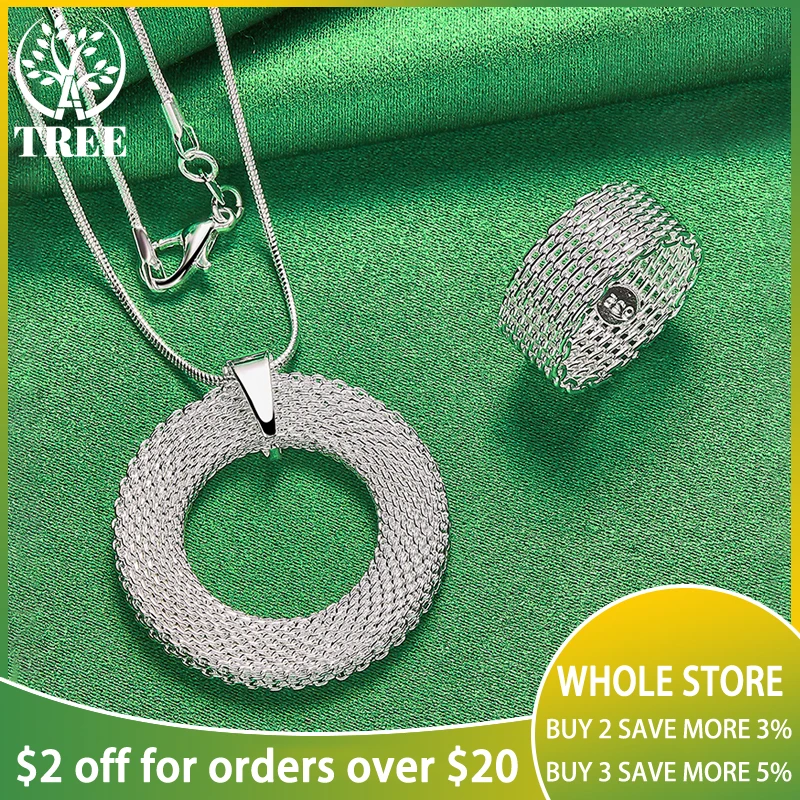 

2 Pieces 925 Sterling Silver Circular Mesh Pendant Necklace Ring Set For Woman Wedding Party Holiday Gift Fashion Charm Jewelry