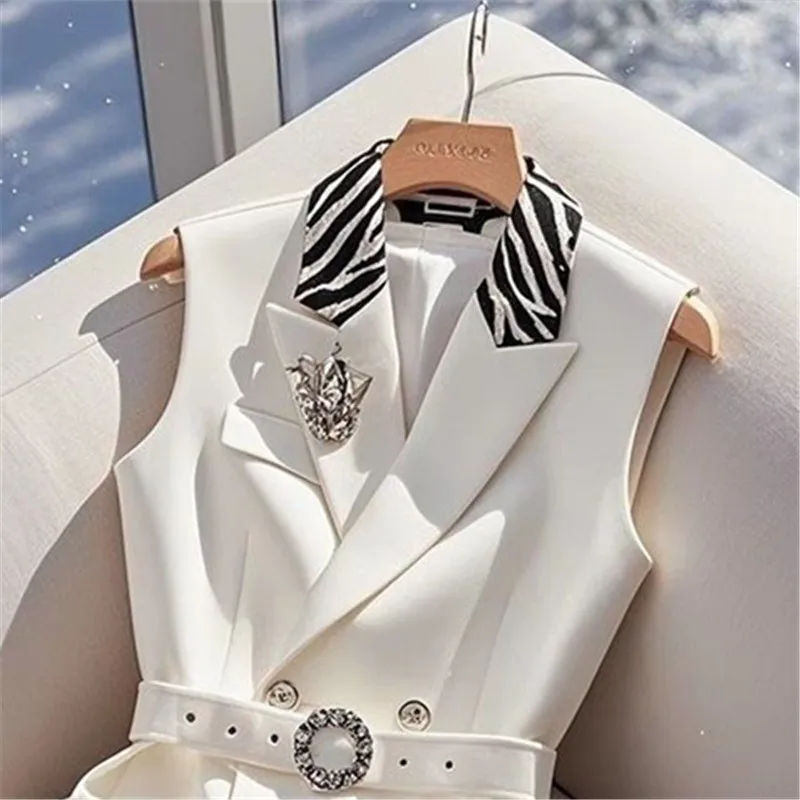

Spring New Zebra Lapel Splicing Notched Suit Waistcoat Women Fashion Slim Vest Sleeveless Jacket Ladies Office Blazer Coat T1476