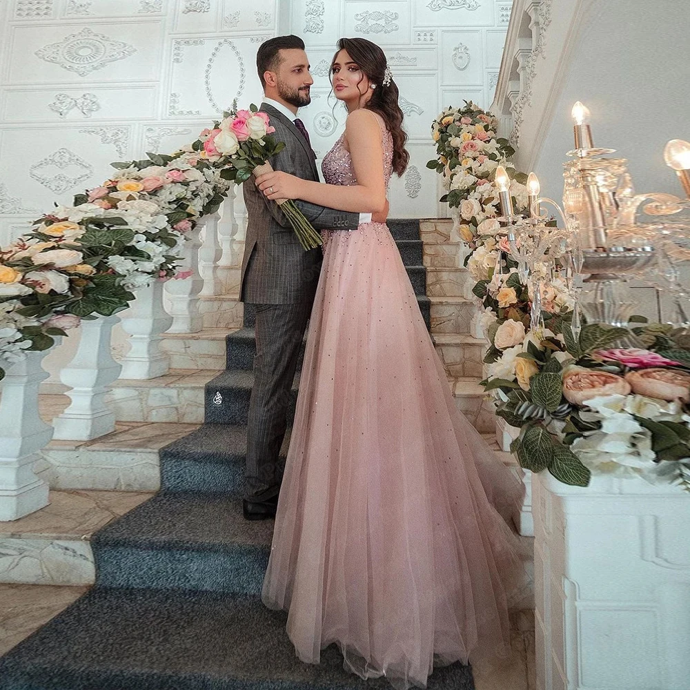 Dubai Luxury Pink Tulle Formal Wedding Evening Dresses For Woman Sleeveless Detachable Train Party Gown 2022 Custom Backless