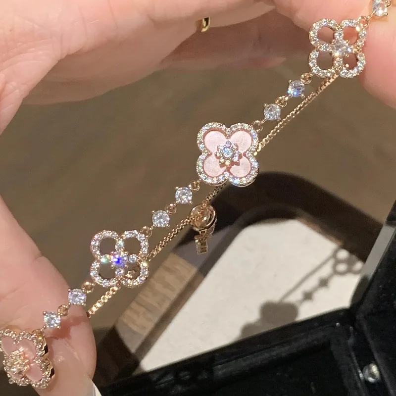 

18-каратный позолоченный розовый браслет Lucky Clover с цирконом, модный элегантный браслет с подвеской в буддийском стиле, латунные женские украшения