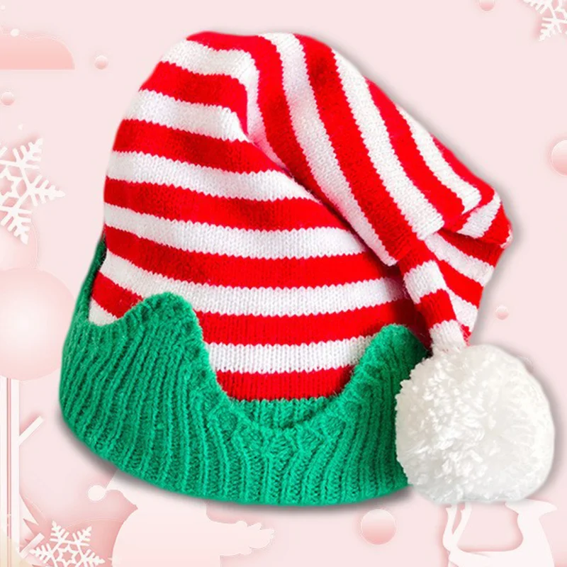 Christmas Knit Beanie Hat Striped Elf Style Winter Warm for Kids Adults Holiday Party