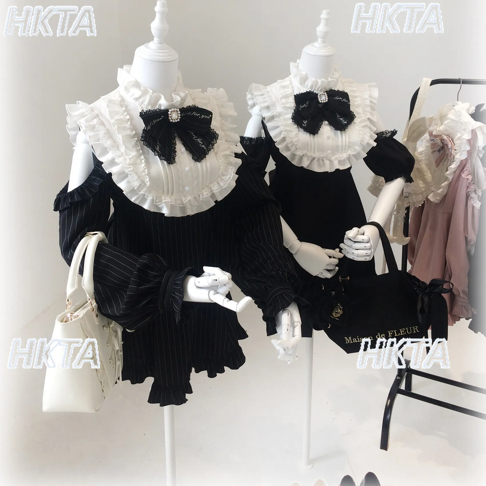 Japanese Subculture Goth Dark Off Shoulder Pleated Bow Pearl Lace Striped Ruffle Edge Waist Lolita Dress Black Shorts Suit Women - view 4
