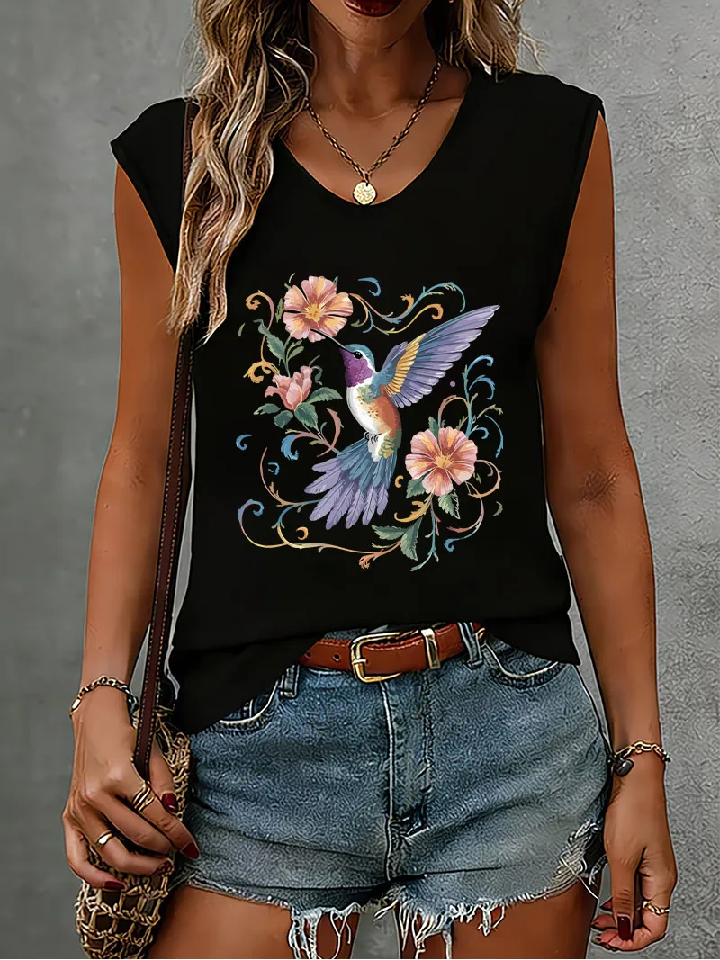 2000s Vintage Bird with Flower Sleeveless Tank Top T-shirt V Neck Casual Fashion Vest T Shirts Women Tee Shirt V-Neck
