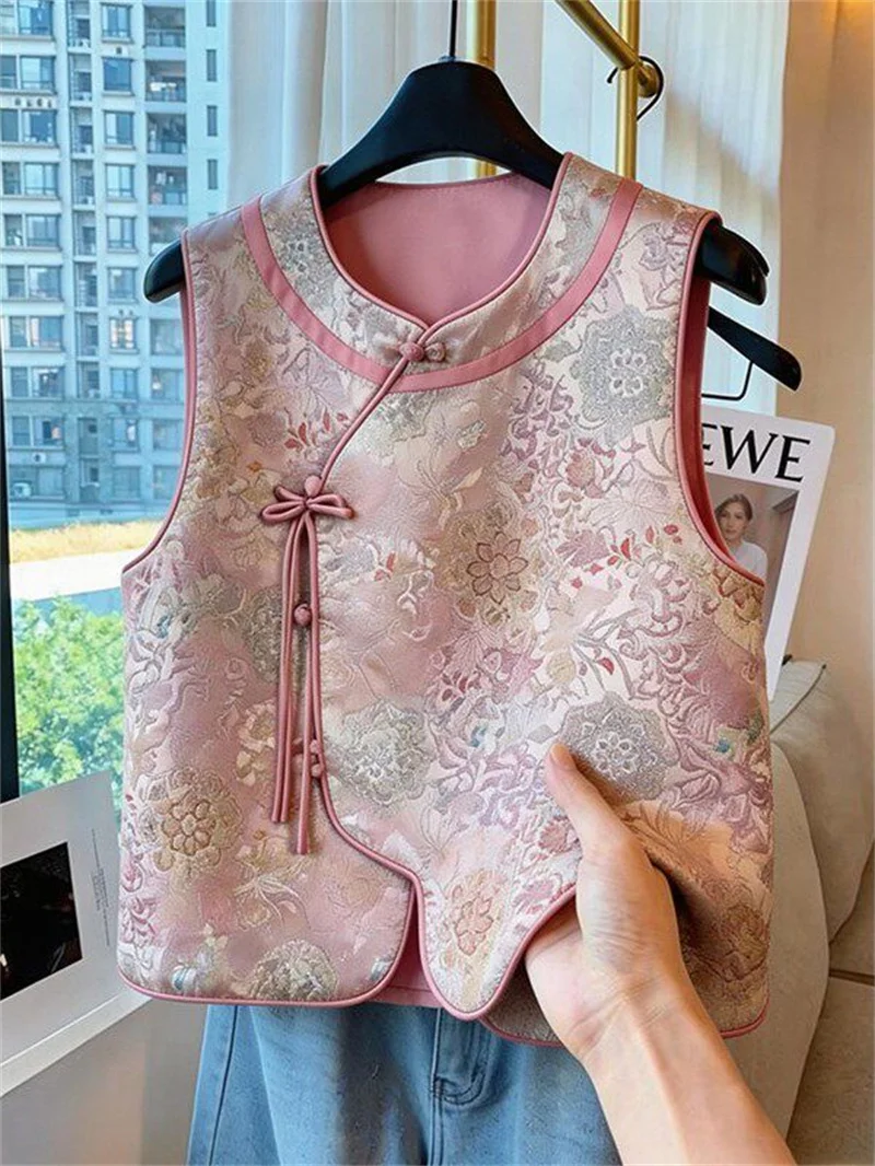 Design Beautiful Pink Joker Loose Cardigan jacquard Vest Coat Chinese Style Exquisite Sleeveless Single-breasted Vest Coat New