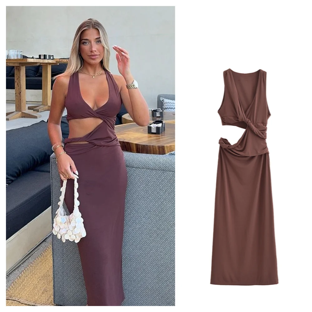 PB&ZA2024 Summer New Women's Fashion and Elegance Slim Fit Versatile Cutting Shoulder Strap Hollow Design V-neck Dress