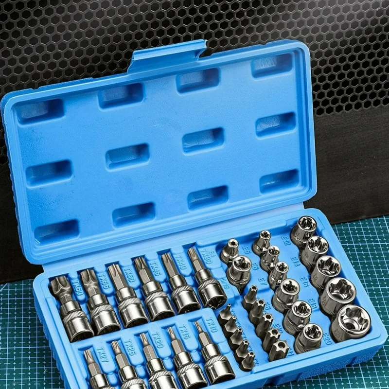 34pcs Torx Bit Socket & E-Torx Star Socket Set 1/4" 3/8" 1/2" Drive Male Female E-torx Bits Handheld Tool with Case